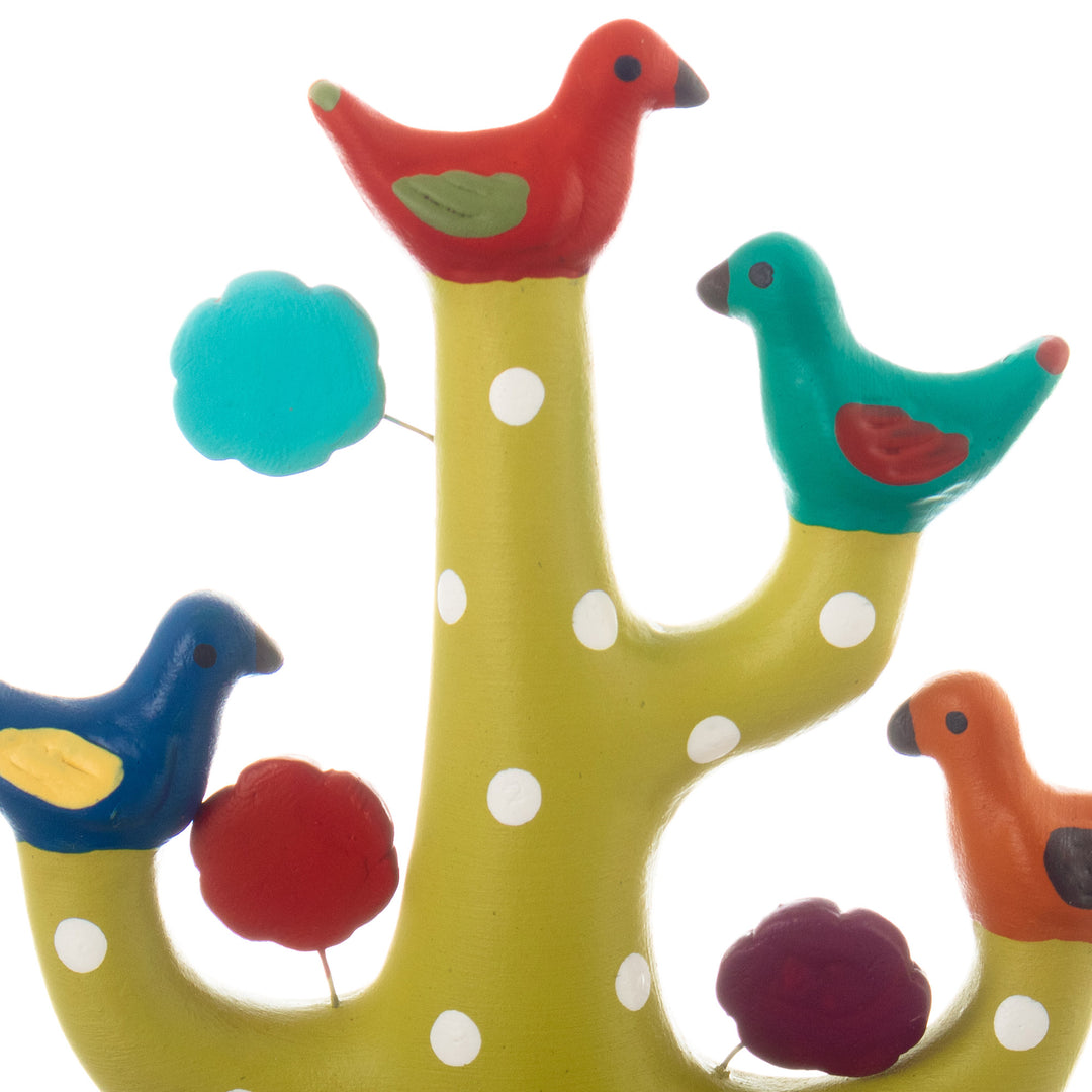 Green Ceramic Tree Sculpture with Bird and Floral Motifs - The Joyful Tree Choir
