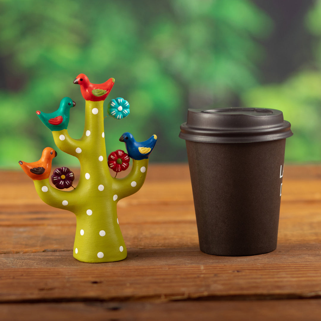 Green Ceramic Tree Sculpture with Bird and Floral Motifs - The Joyful Tree Choir