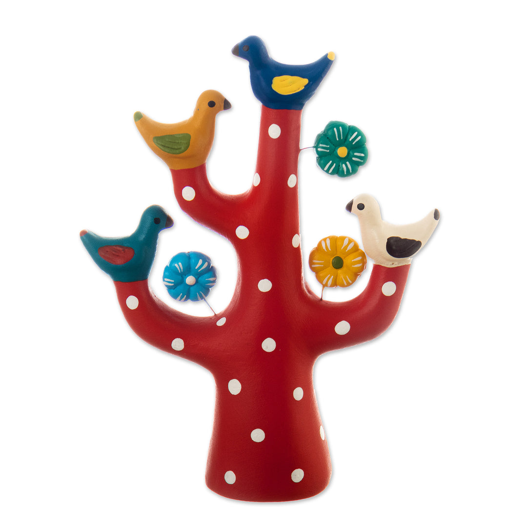 Red Ceramic Tree Sculpture with Bird and Floral Motifs - The Vibrant Tree Choir