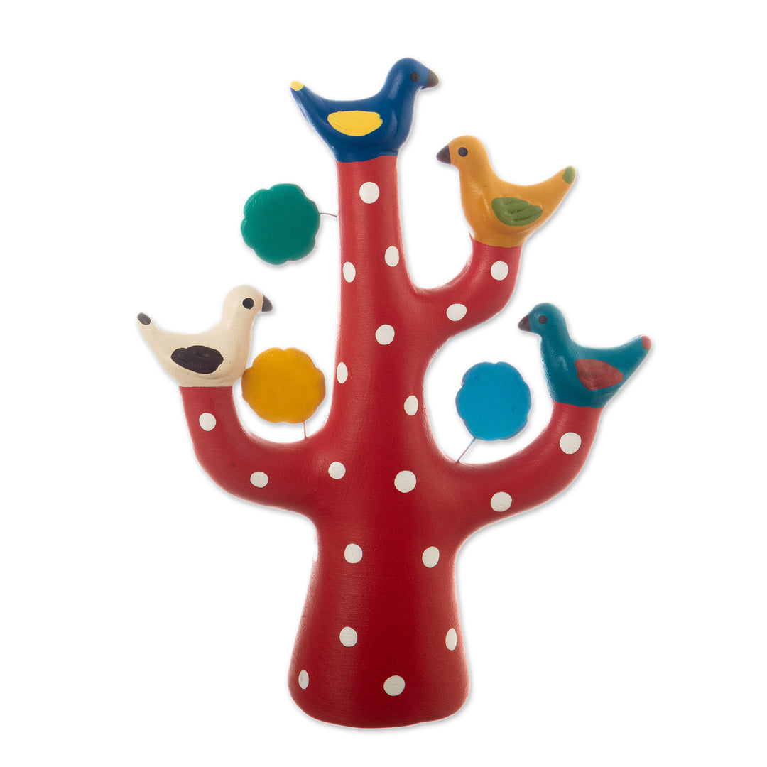 Red Ceramic Tree Sculpture with Bird and Floral Motifs - The Vibrant Tree Choir