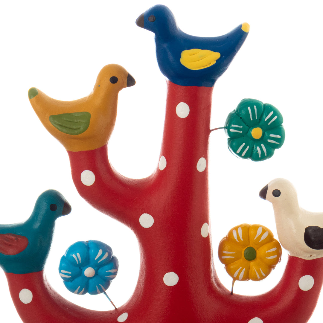 Red Ceramic Tree Sculpture with Bird and Floral Motifs - The Vibrant Tree Choir