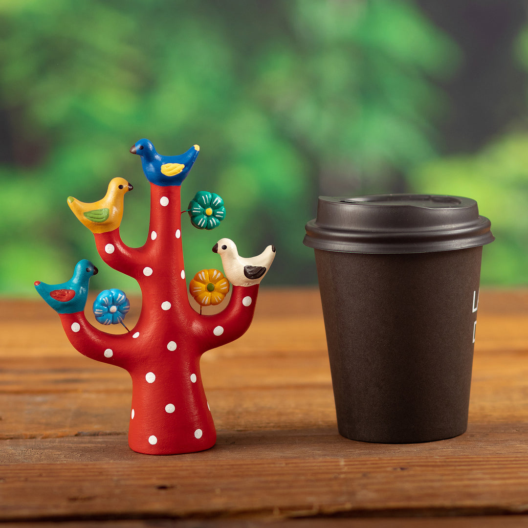 Red Ceramic Tree Sculpture with Bird and Floral Motifs - The Vibrant Tree Choir