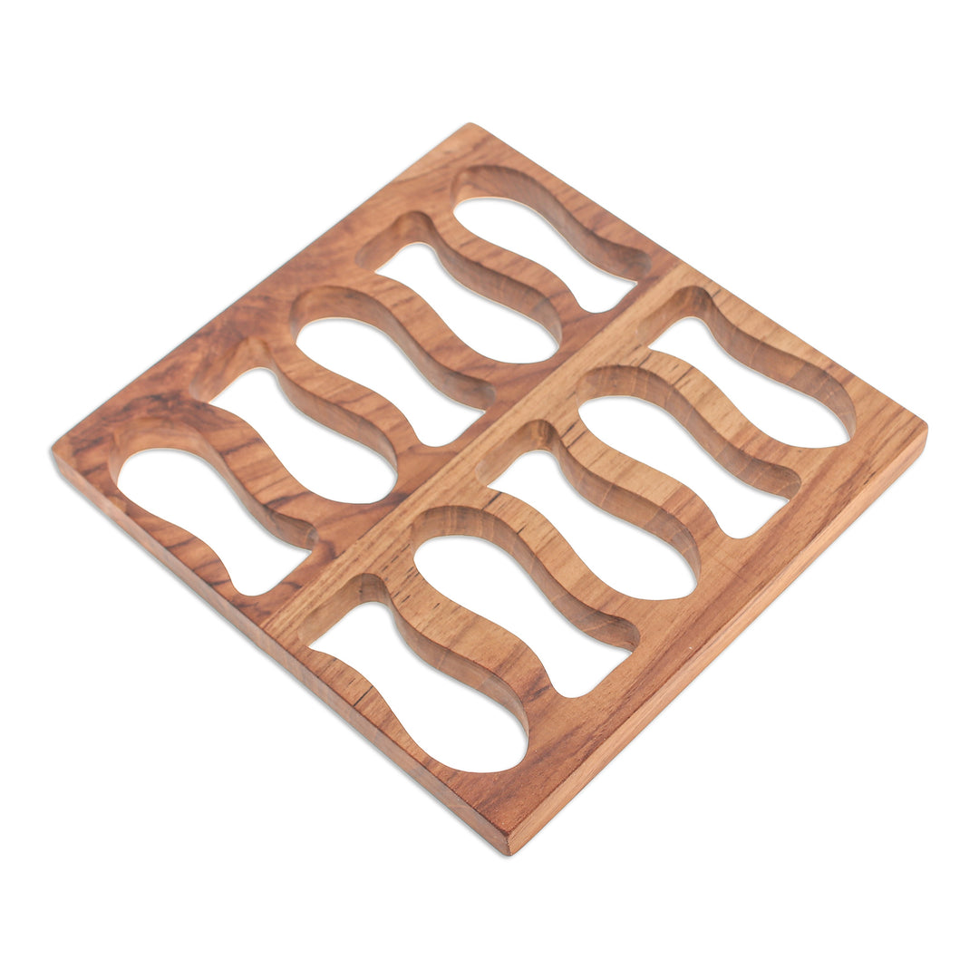 Fish-Themed Hand-Carved Square Brown Teak Wood Pot Stand - Swimming Delicacies