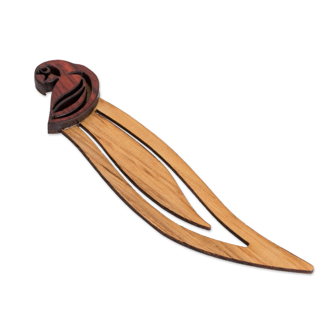 Macaw-Themed Leafy Teak and Mora Wood Bookmark - Intellectual Macaw
