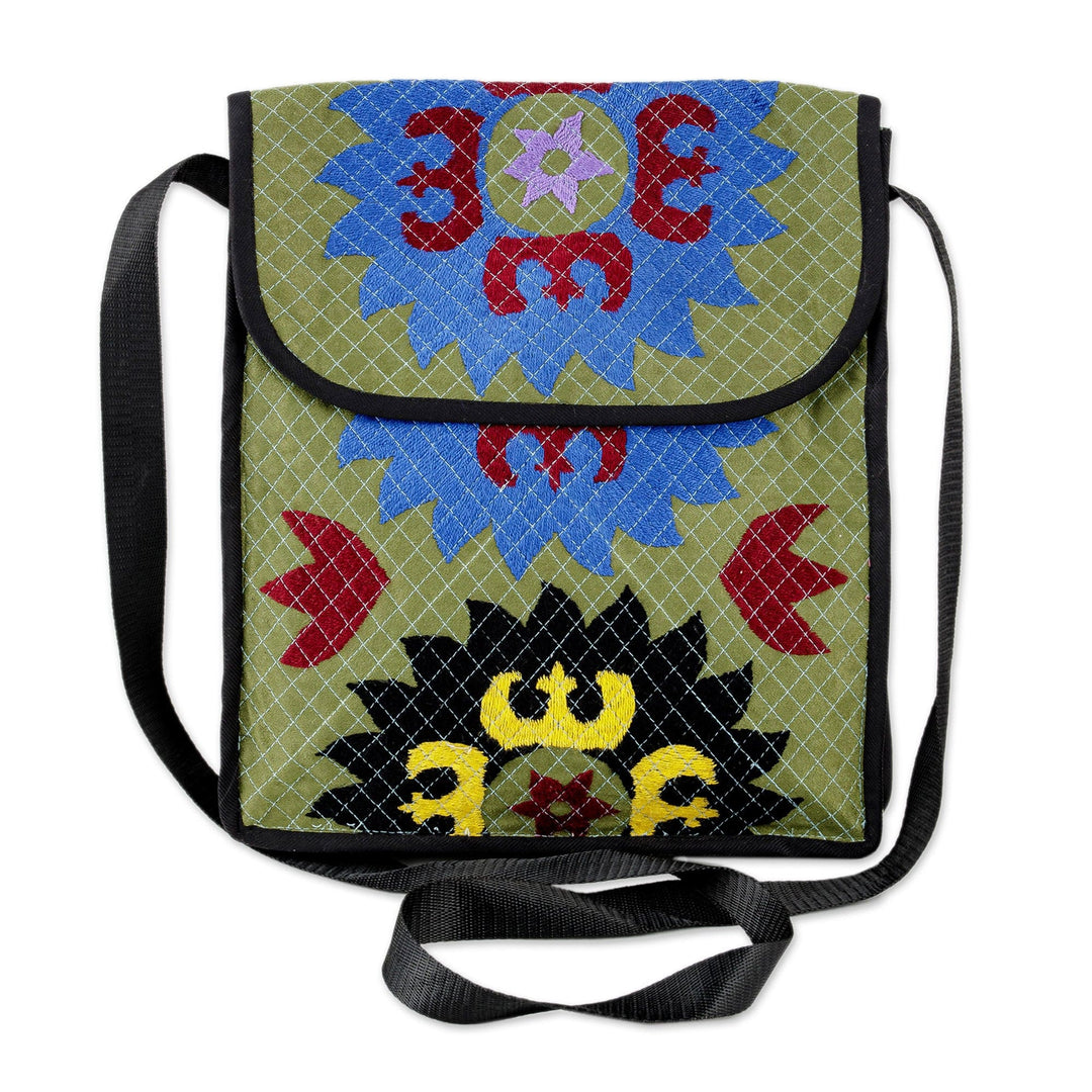 Uzbek Cotton Blend Tablet Bag with Suzani Hand Embroidery - Chic Patterns
