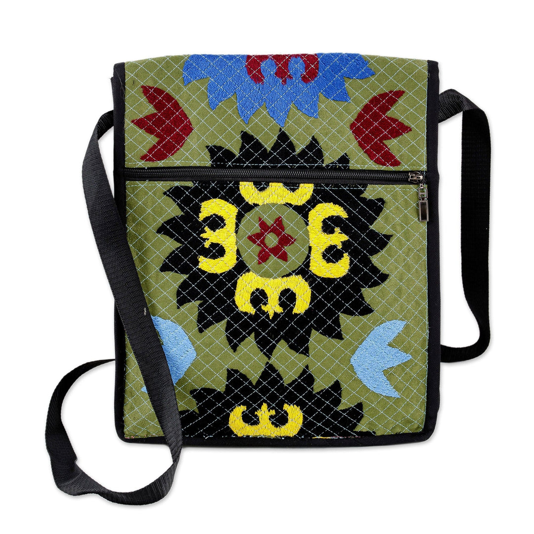 Uzbek Cotton Blend Tablet Bag with Suzani Hand Embroidery - Chic Patterns