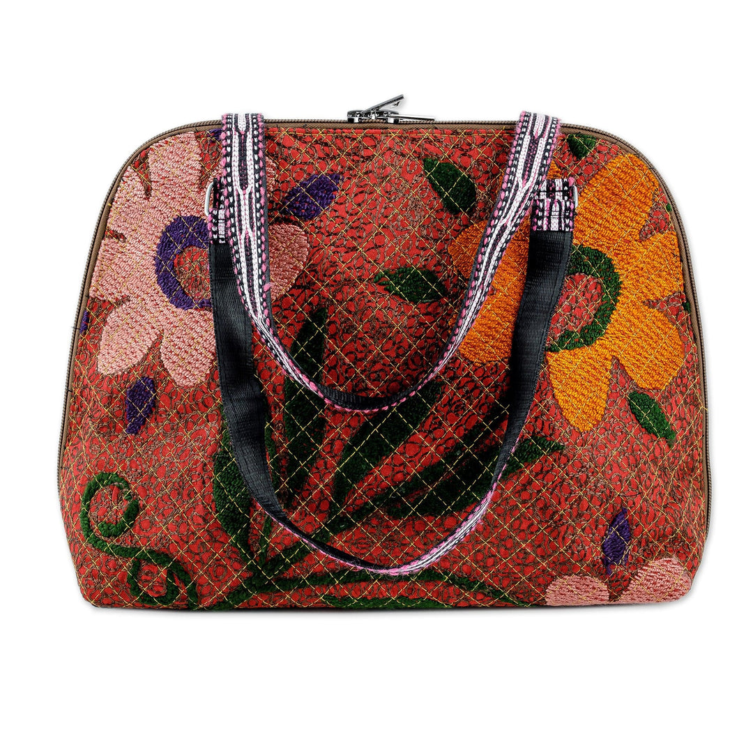 Floral-Themed Suzani Embroidered Cotton and Silk Bowling Bag - Colorful Garden