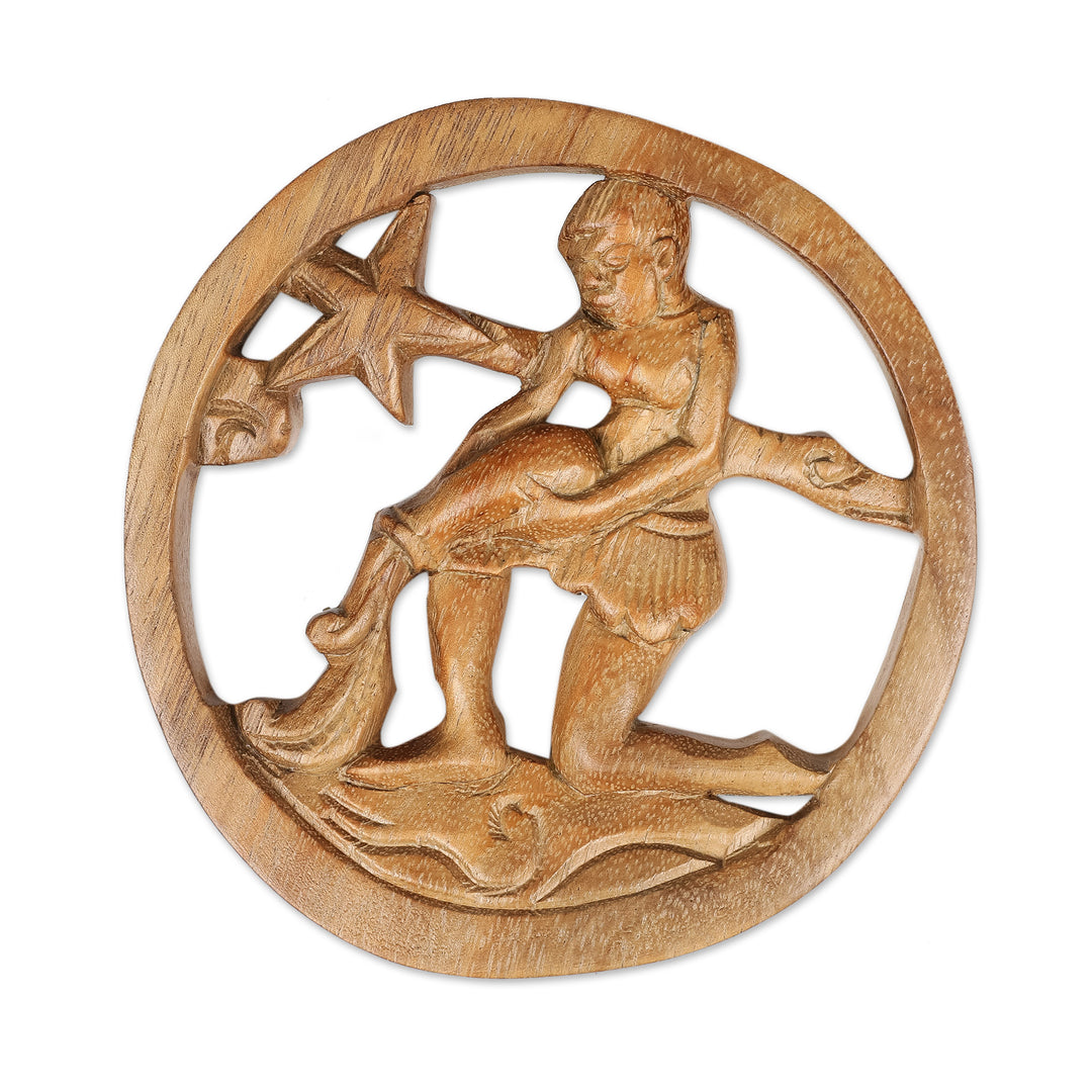 Aquarius-Themed Hand-Carved Round Suar Wood Relief Panel - Aquarius Firmament