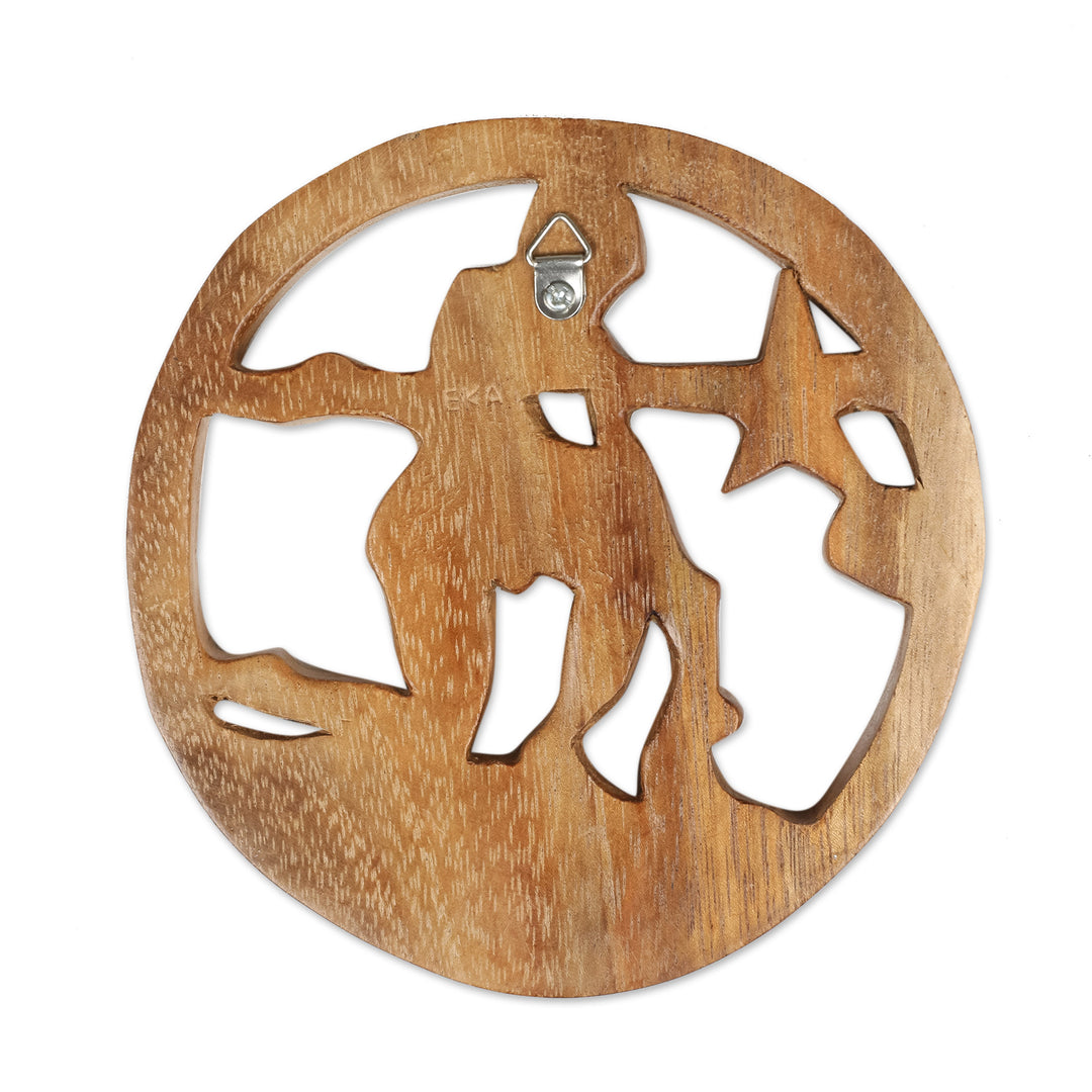 Aquarius-Themed Hand-Carved Round Suar Wood Relief Panel - Aquarius Firmament