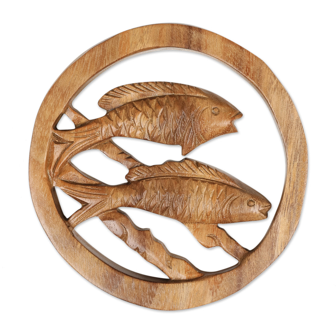 Pisces-Themed Hand-Carved Round Suar Wood Relief Panel - Pisces Firmament