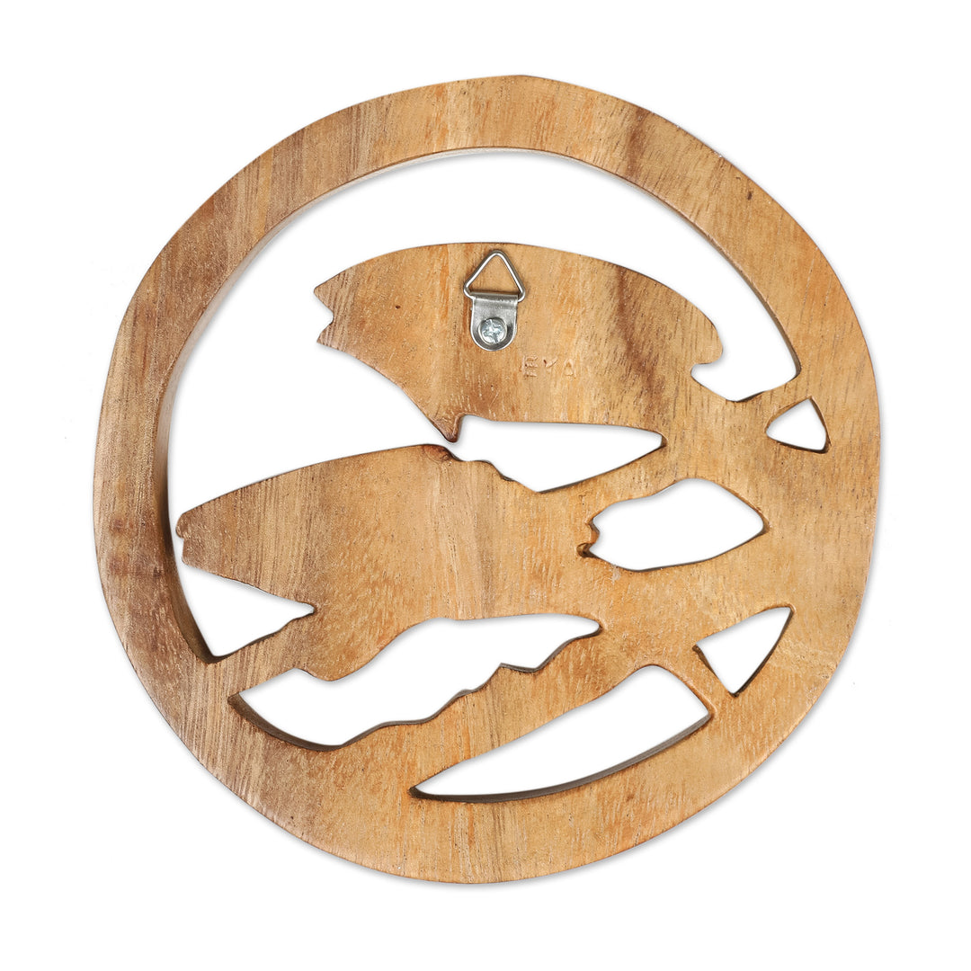 Pisces-Themed Hand-Carved Round Suar Wood Relief Panel - Pisces Firmament