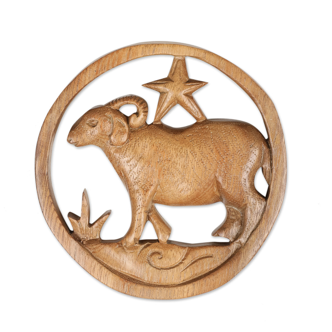 Aries-Themed Hand-Carved Round Suar Wood Relief Panel - Aries Firmament