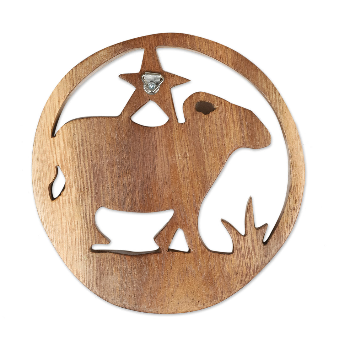 Aries-Themed Hand-Carved Round Suar Wood Relief Panel - Aries Firmament