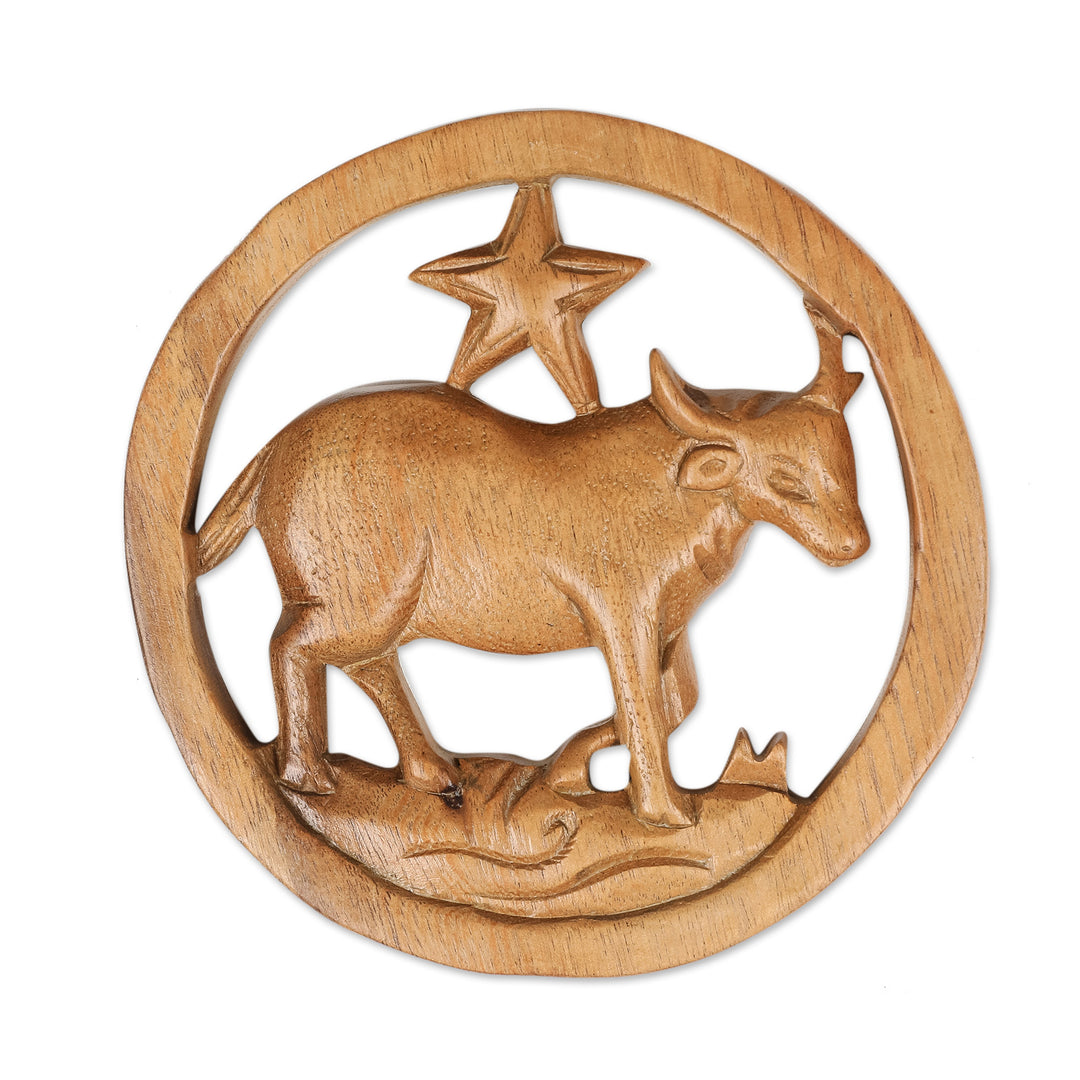 Taurus-Themed Hand-Carved Round Suar Wood Relief Panel - Taurus Firmament