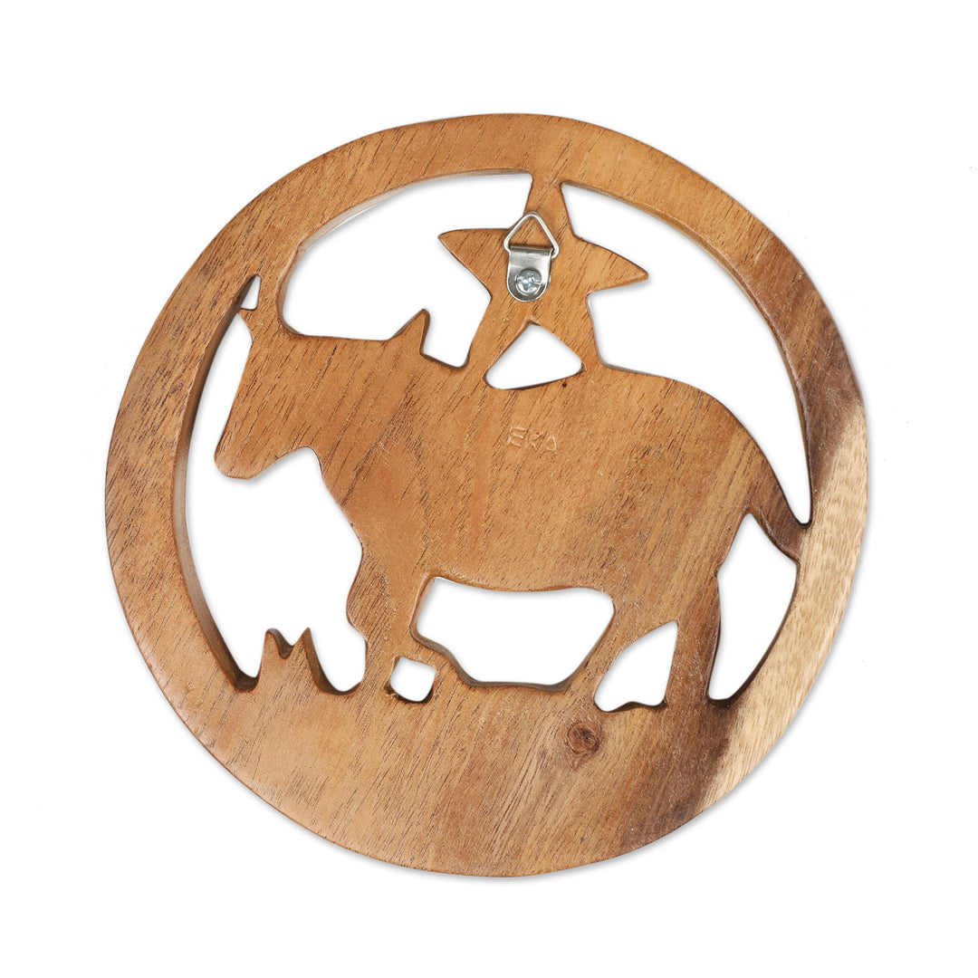 Taurus-Themed Hand-Carved Round Suar Wood Relief Panel - Taurus Firmament