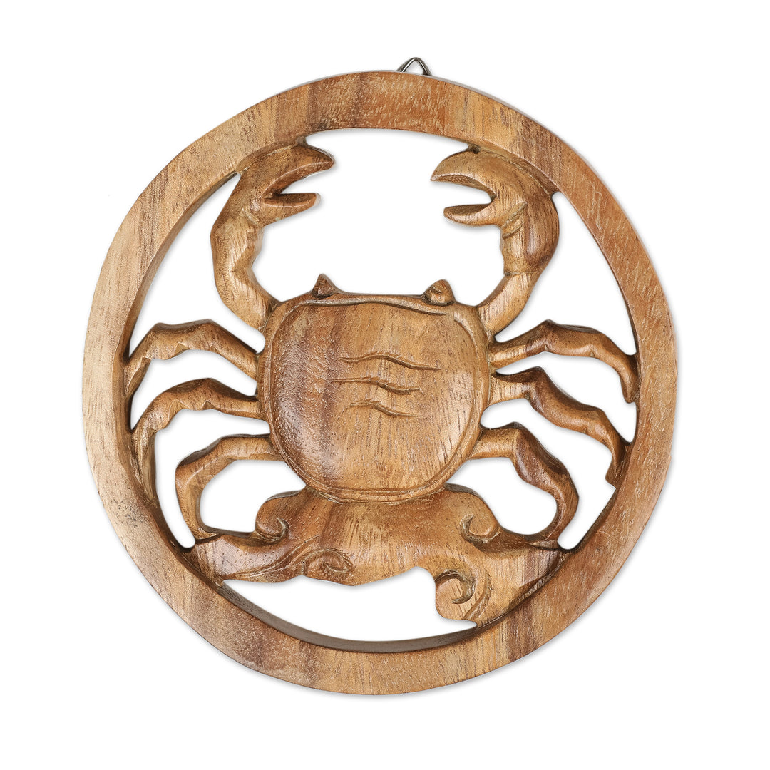 Cancer-Themed Hand-Carved Round Suar Wood Relief Panel - Cancer Firmament