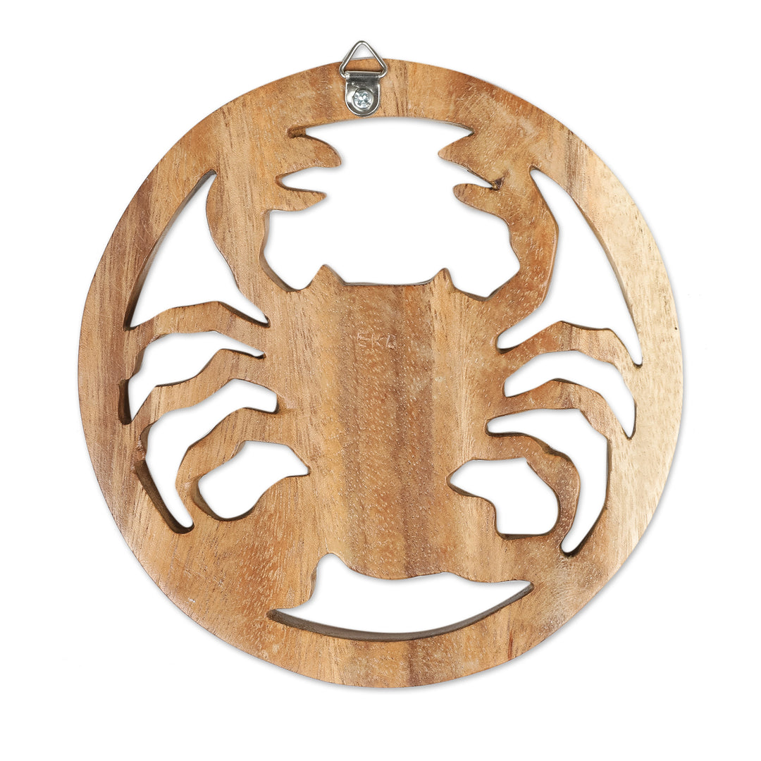 Cancer-Themed Hand-Carved Round Suar Wood Relief Panel - Cancer Firmament