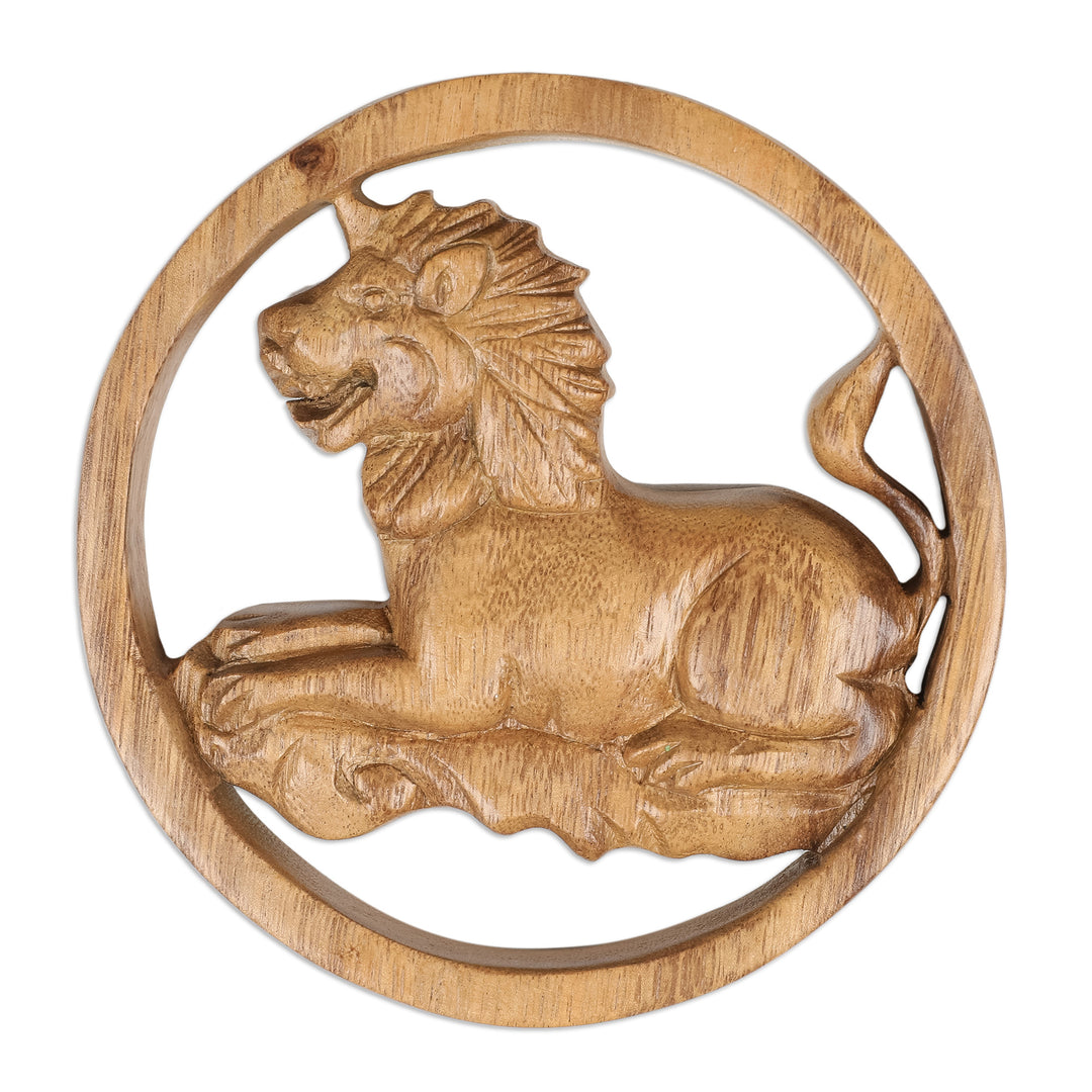 Leo-Themed Hand-Carved Round Suar Wood Relief Panel - Leo Firmament