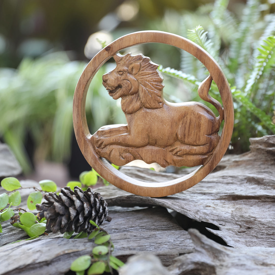 Leo-Themed Hand-Carved Round Suar Wood Relief Panel - Leo Firmament