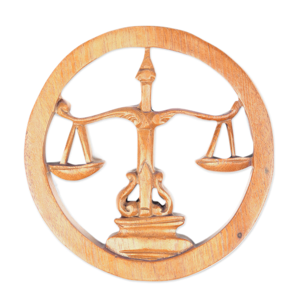 Hand-Carved Round Wood Libra Zodiac Sign Wall Relief Panel - Libra Firmament