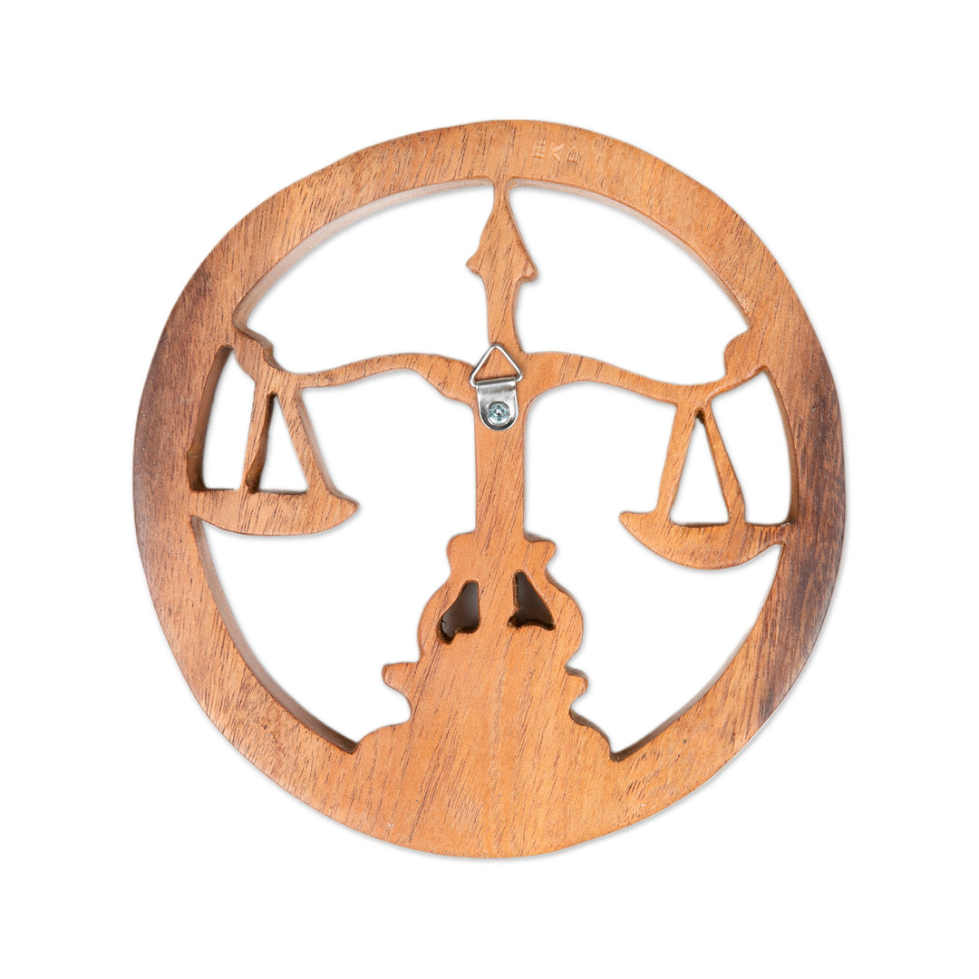 Hand-Carved Round Wood Libra Zodiac Sign Wall Relief Panel - Libra Firmament