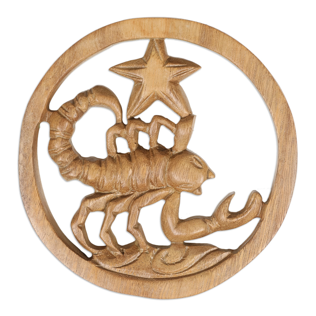 Scorpio-Themed Hand-Carved Round Suar Wood Relief Panel - Scorpio Firmament