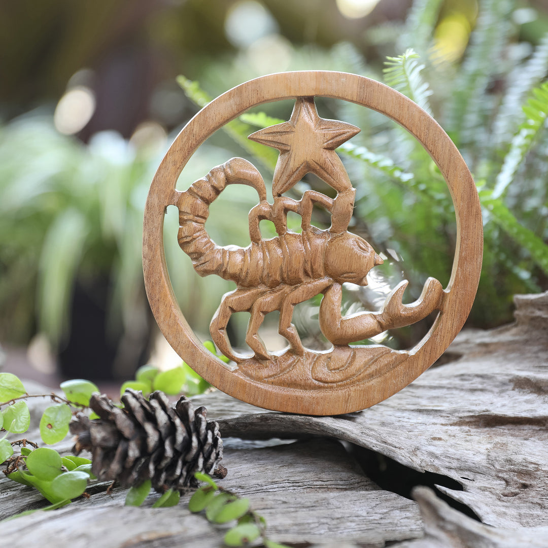 Scorpio-Themed Hand-Carved Round Suar Wood Relief Panel - Scorpio Firmament