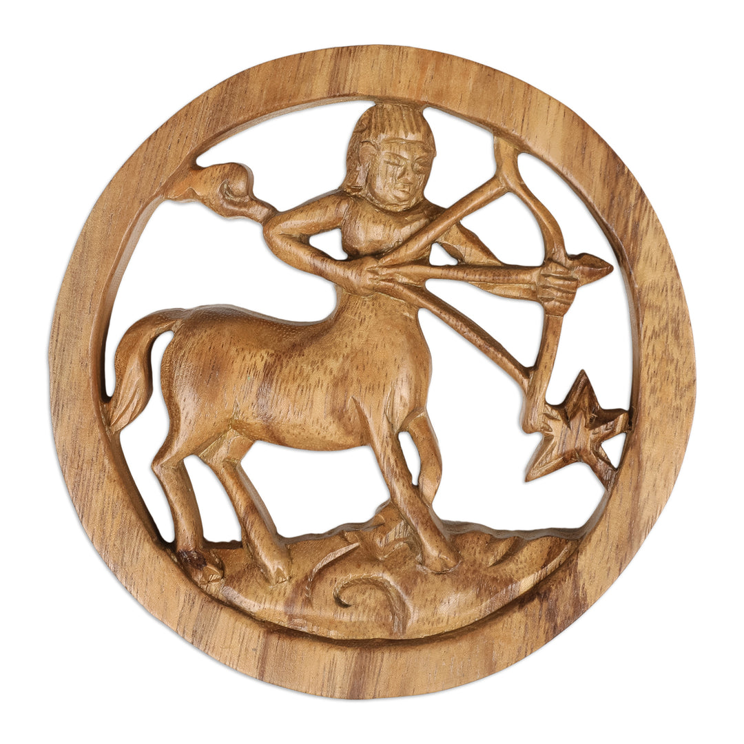 Sagittarius-Themed Hand-Carved Round Suar Wood Relief Panel - Sagittarius Firmament