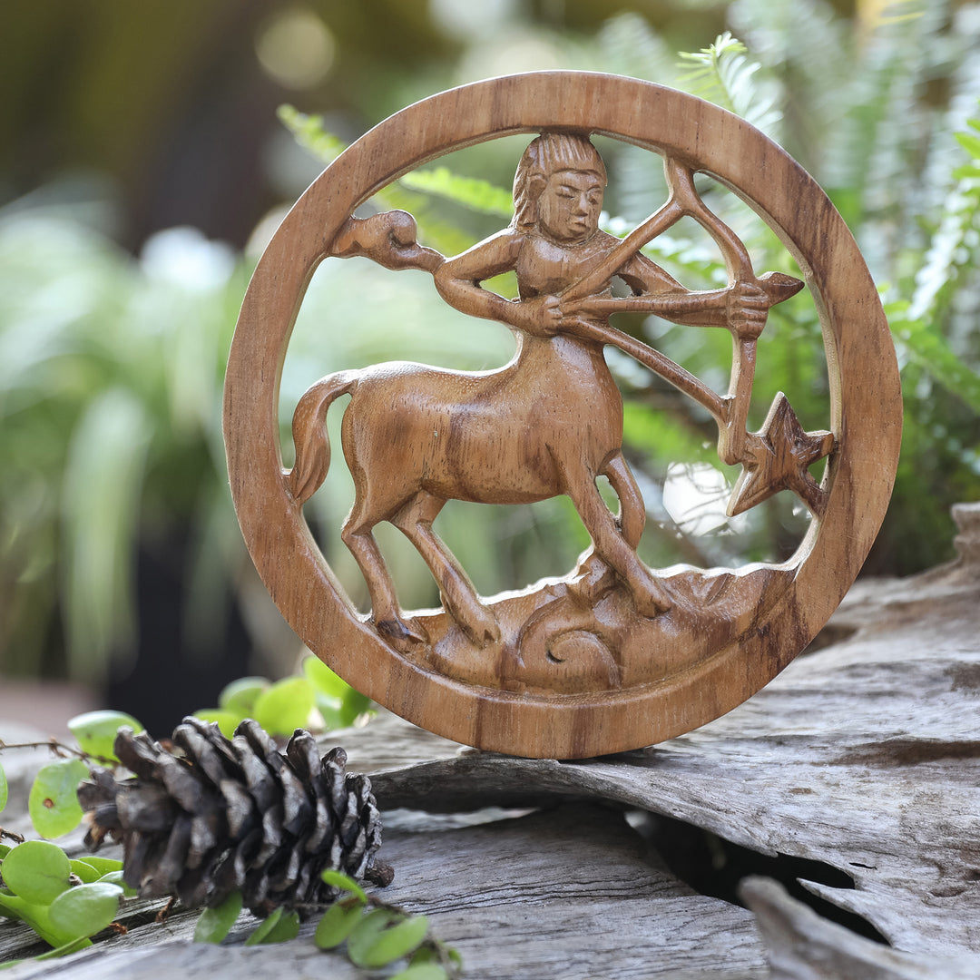 Sagittarius-Themed Hand-Carved Round Suar Wood Relief Panel - Sagittarius Firmament