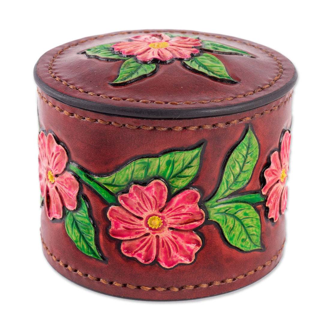 Hand-Painted Embossed Leather Floral and Leaf Decorative Box - Vibrant Bouquet