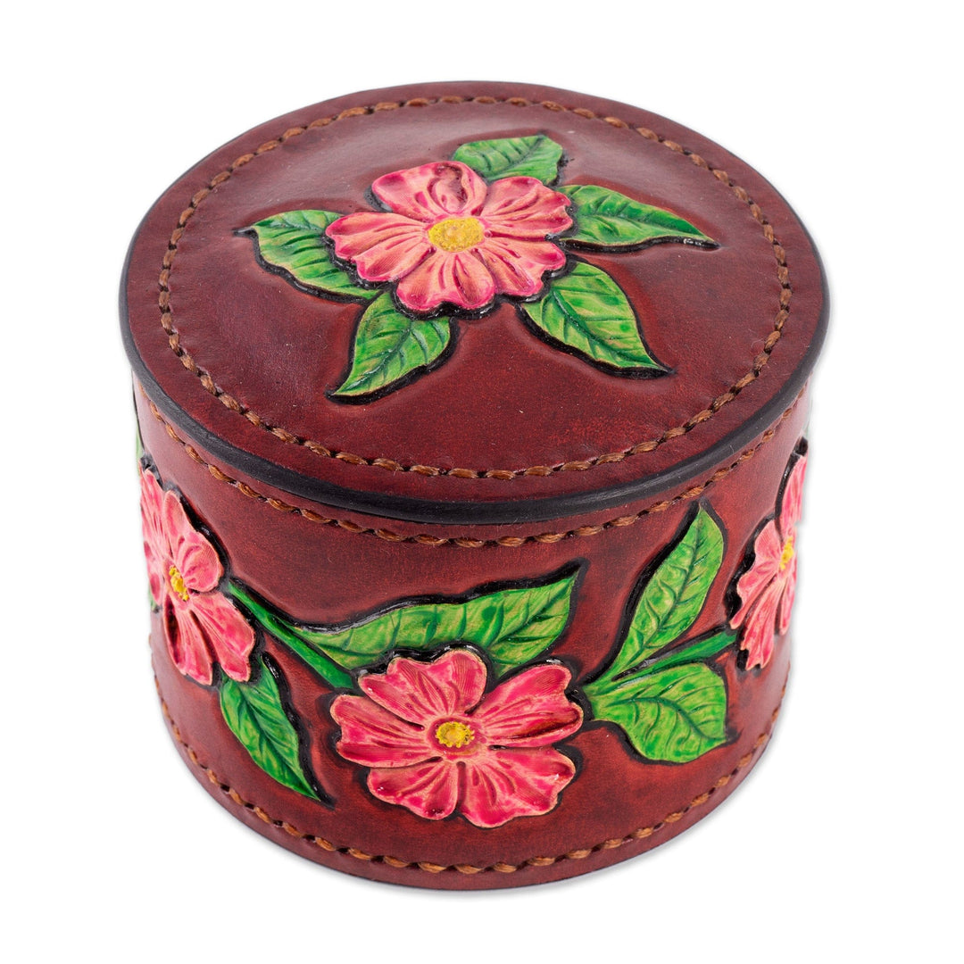 Hand-Painted Embossed Leather Floral and Leaf Decorative Box - Vibrant Bouquet