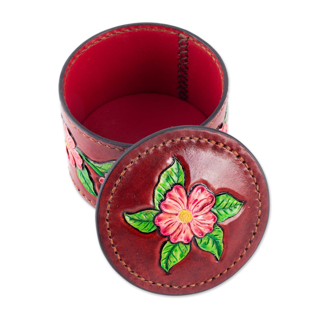Hand-Painted Embossed Leather Floral and Leaf Decorative Box - Vibrant Bouquet