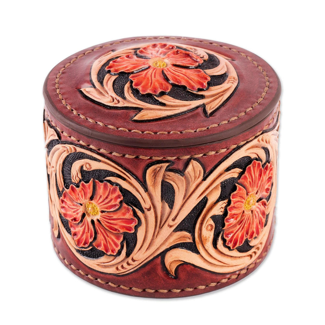 Embossed Leather Decorative Box Hand-Painted Floral Motifs - Floral Vibrancy