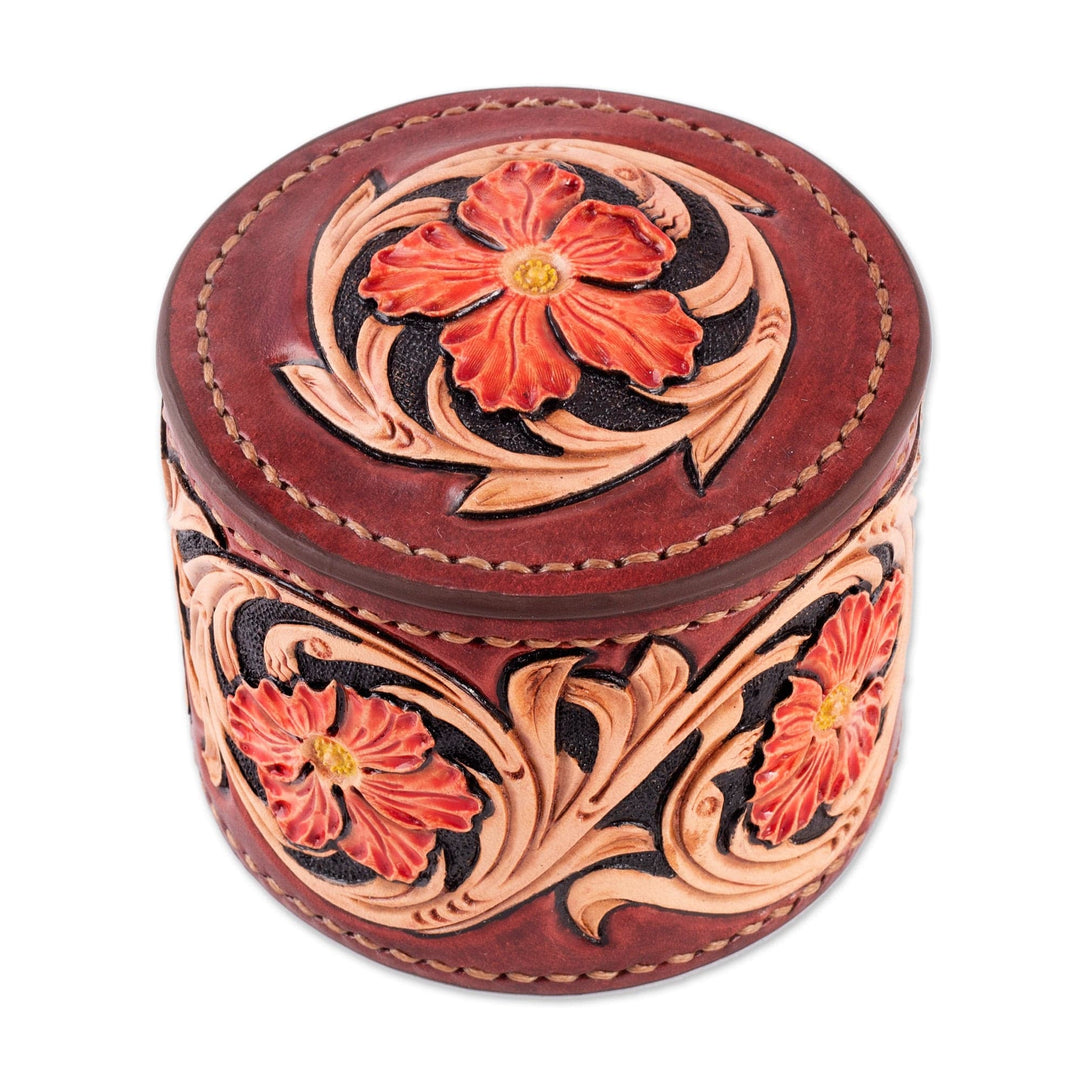 Embossed Leather Decorative Box Hand-Painted Floral Motifs - Floral Vibrancy