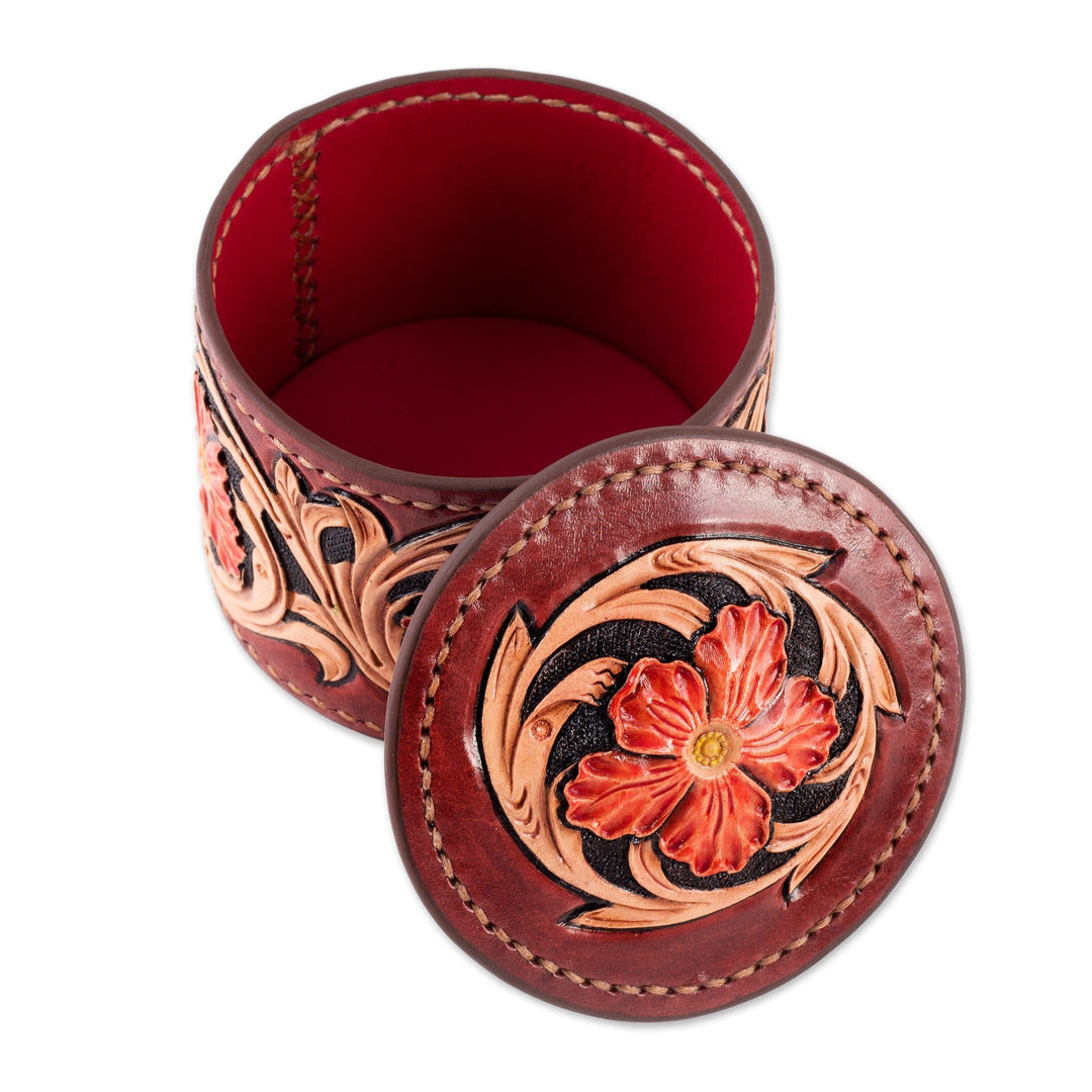 Embossed Leather Decorative Box Hand-Painted Floral Motifs - Floral Vibrancy