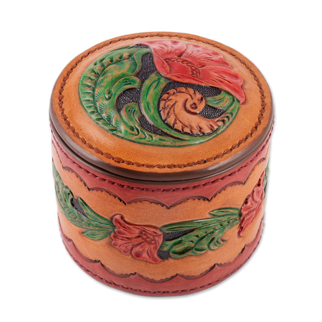 Embossed Leather Decorative Box with Hand-Painted Motifs - Exquisite Bouquet