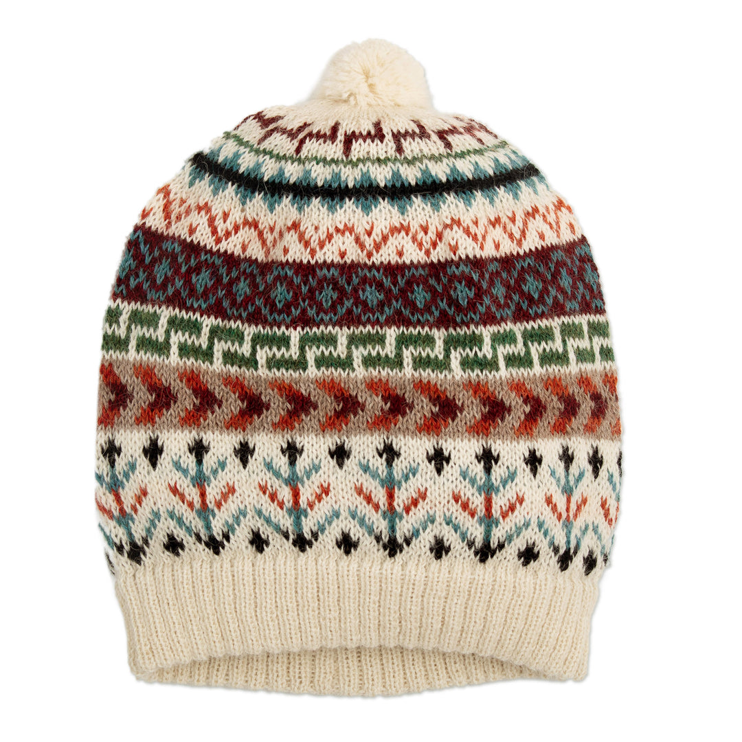 Traditional Knit Ivory Alpaca Hat from the Andes - Andean Nature