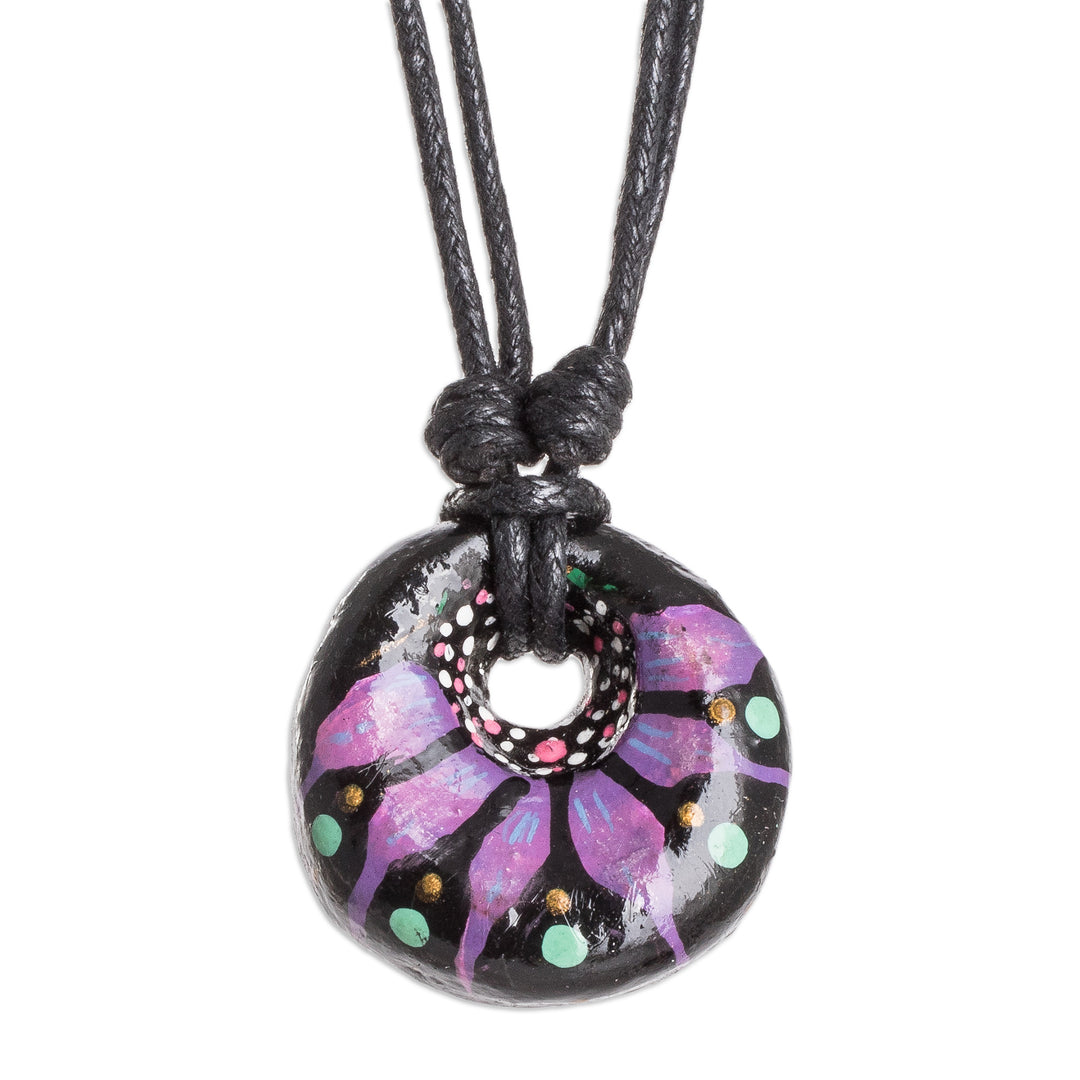 Floral Adjustable Painted Ceramic Pendant Necklace in Purple - Night's Purple Grace