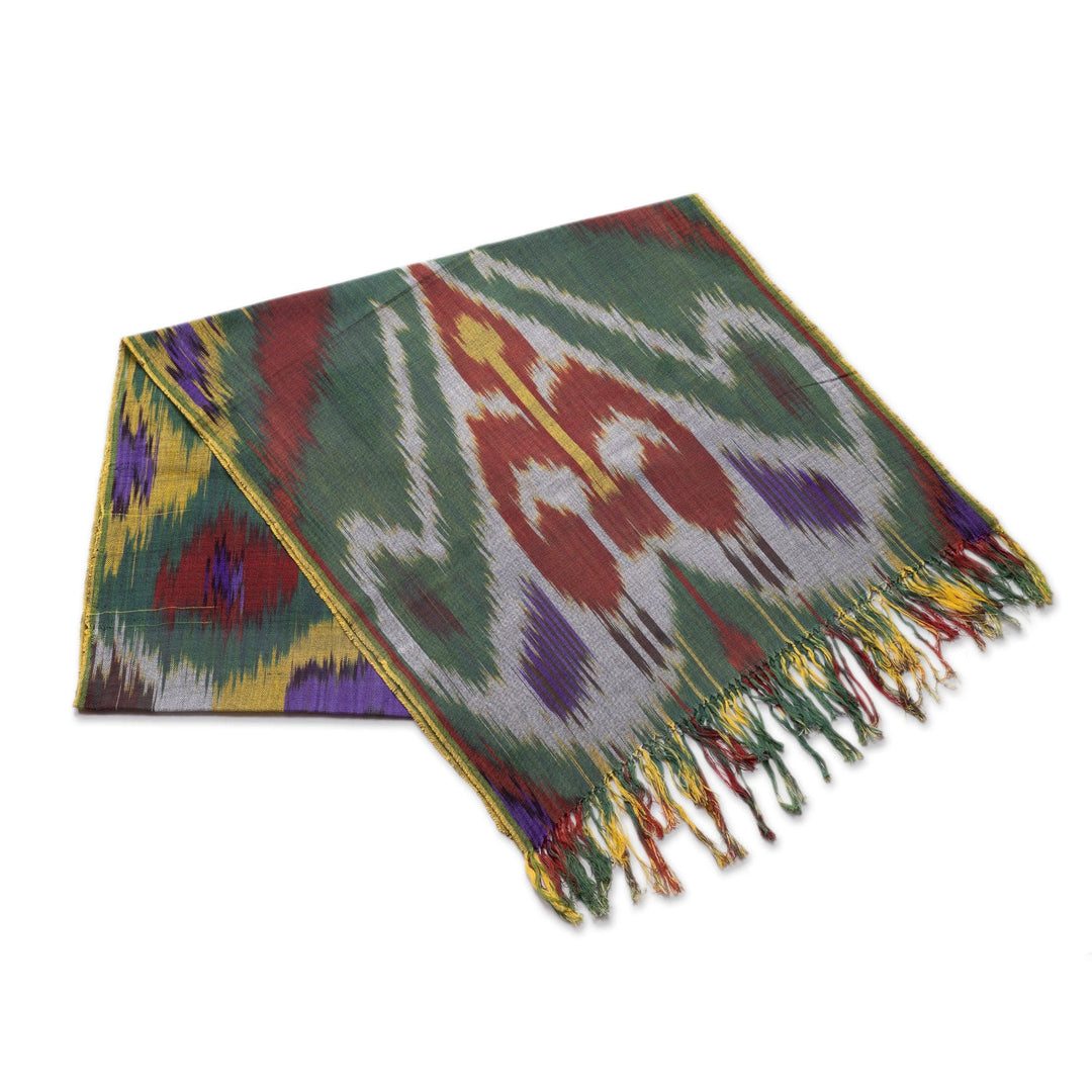 Colorful Fringed Cotton Ikat Scarf Hand-Woven in Uzbekistan - Symphony of Colors