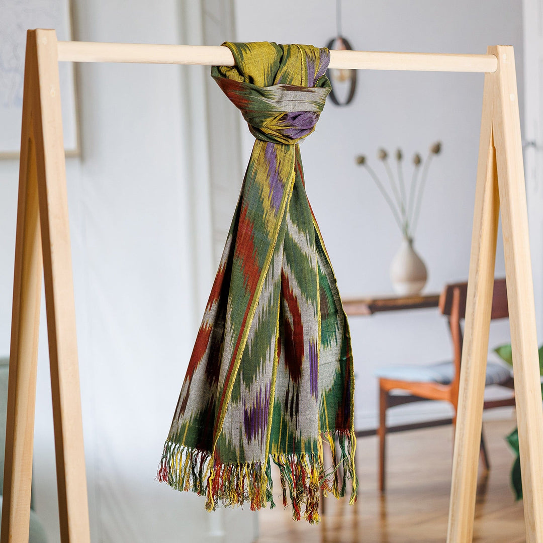 Colorful Fringed Cotton Ikat Scarf Hand-Woven in Uzbekistan - Symphony of Colors