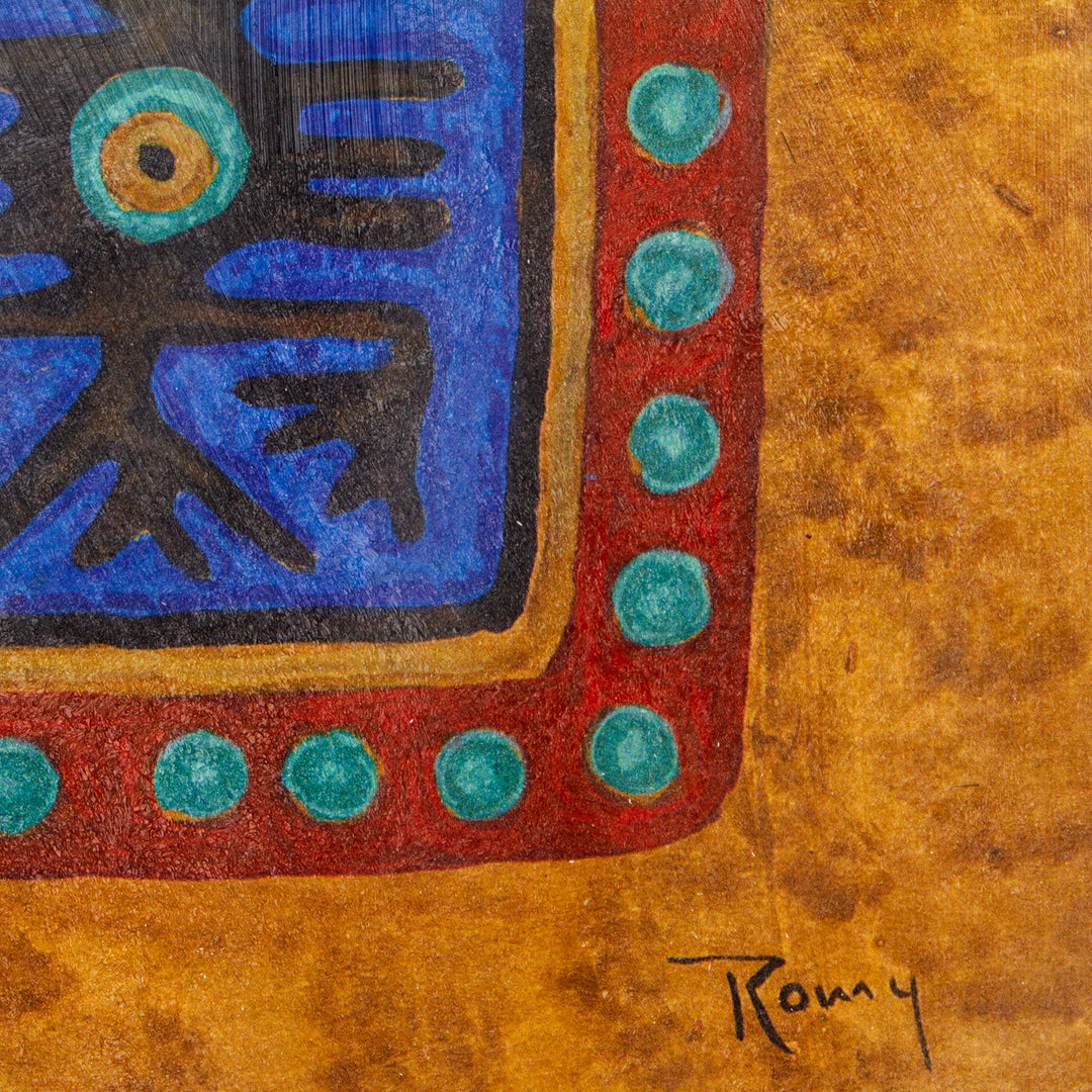 Folk Art Ink on Paper Giclée Print of Ancient Icons in Blue - Pre-Columbian Cuautitlan
