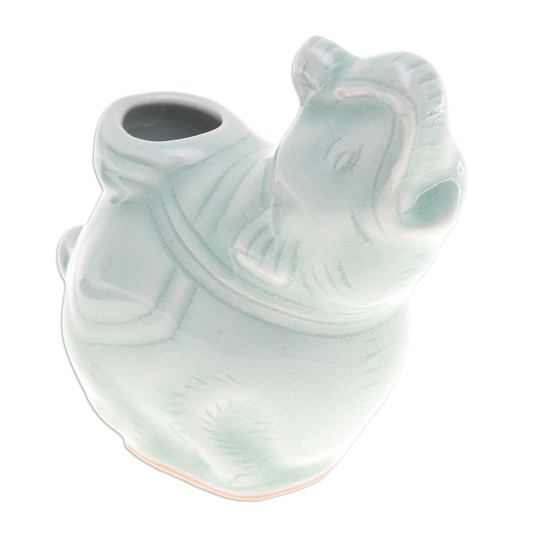 Celadon Ceramic Vase of Elephant with Trunk Up from Thailand - Elephant Beauty