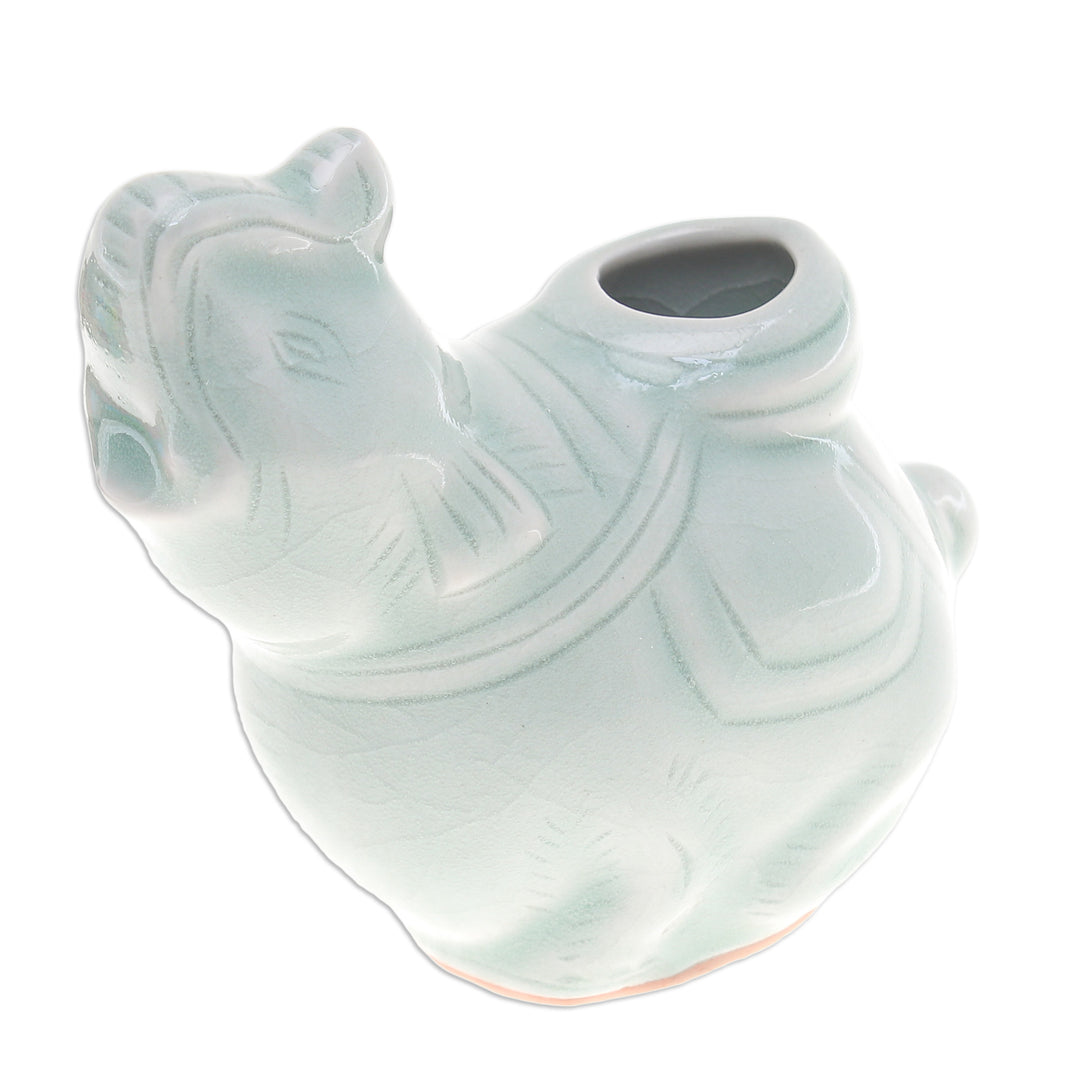 Celadon Ceramic Vase of Elephant with Trunk Up from Thailand - Elephant Beauty