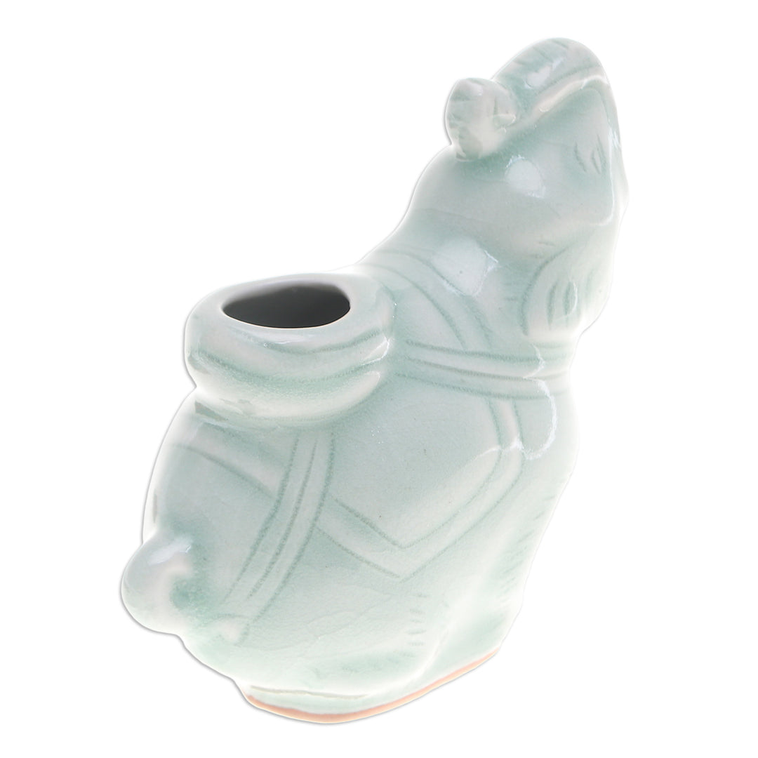 Celadon Ceramic Vase of Elephant with Trunk Up from Thailand - Elephant Beauty