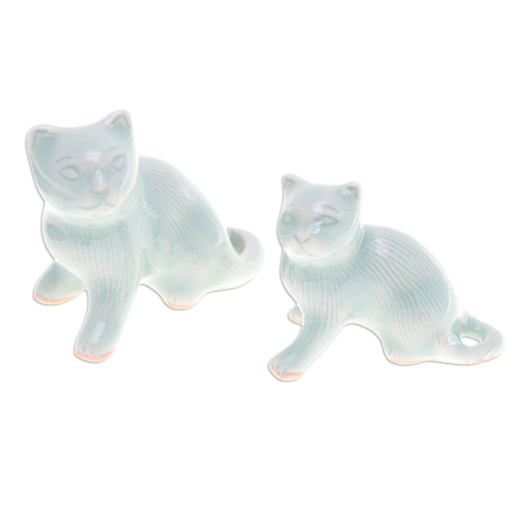 Pair of Celadon Ceramic Cat Figurines Handmade in Thailand - Cat Allure