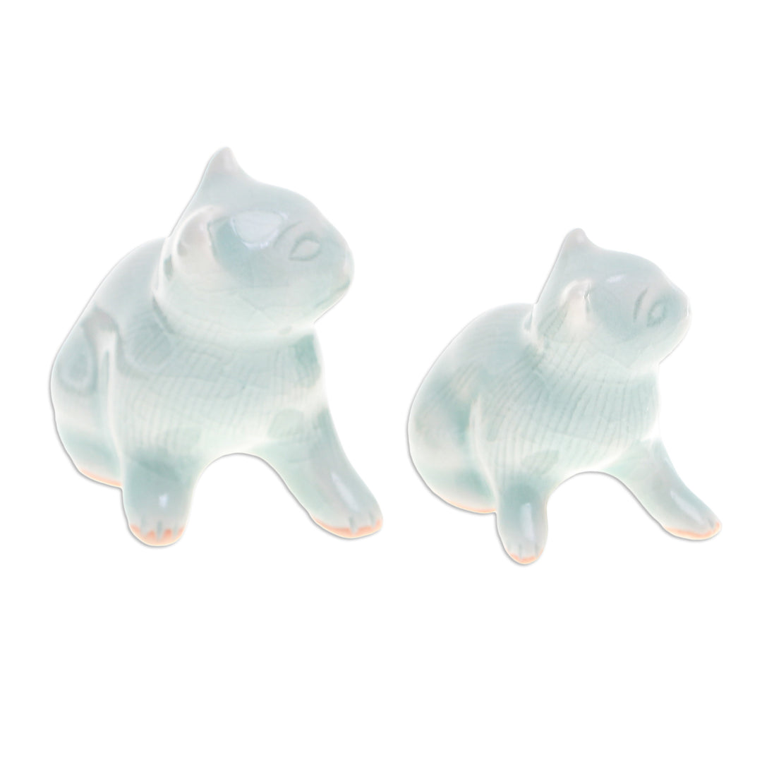 Pair of Celadon Ceramic Cat Figurines Handmade in Thailand - Cat Allure