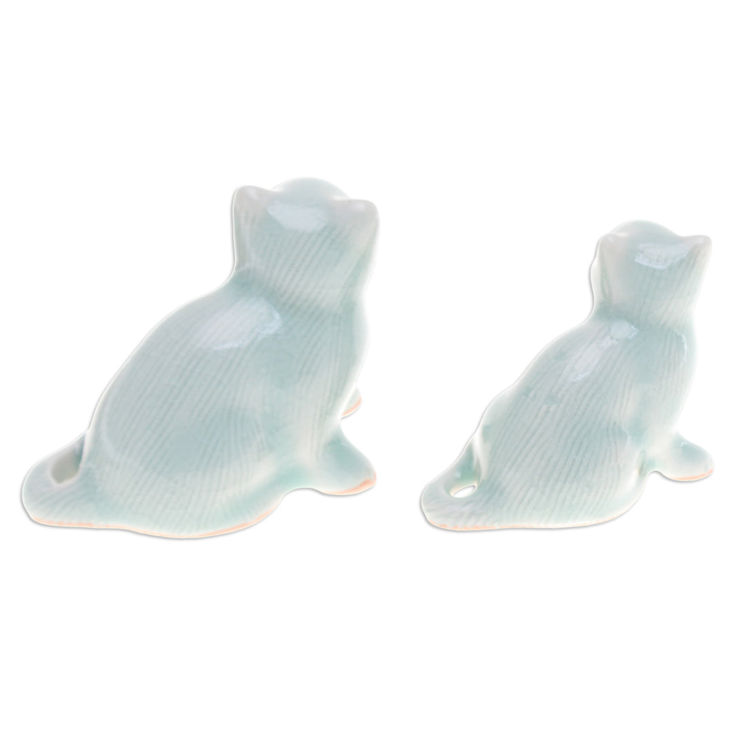 Pair of Celadon Ceramic Cat Figurines Handmade in Thailand - Cat Allure