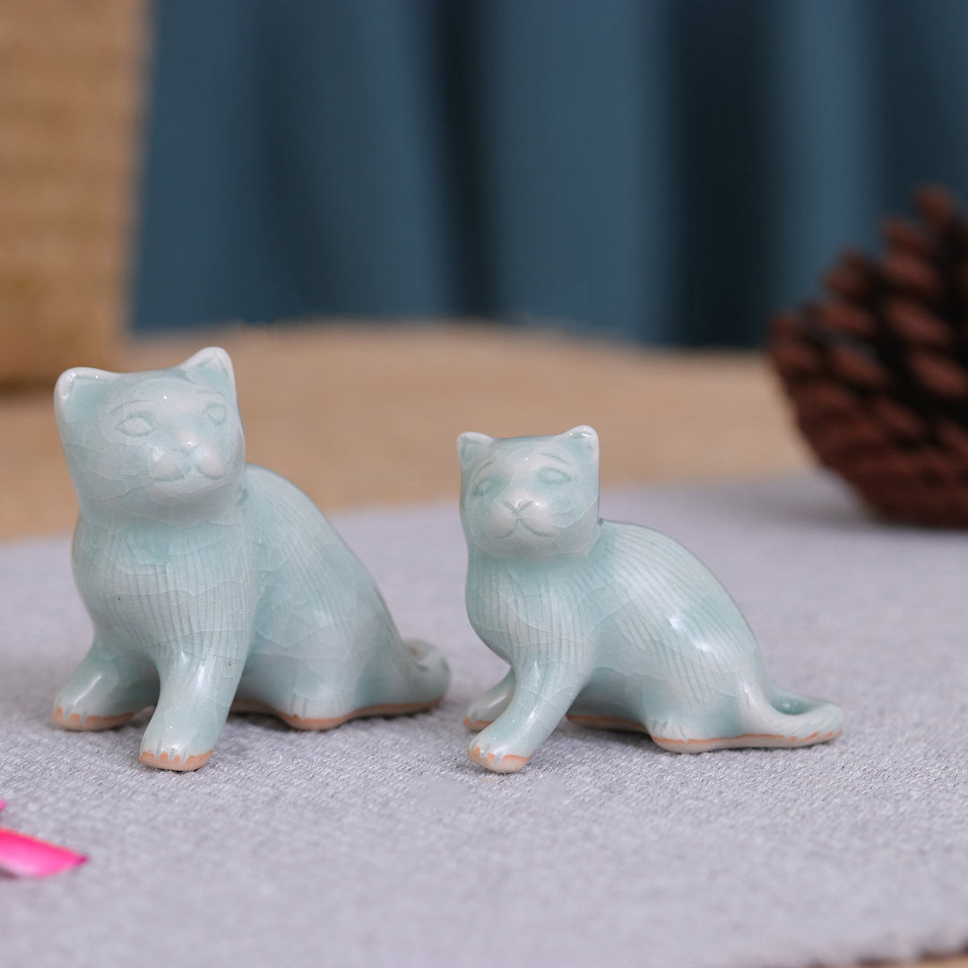 Pair of Celadon Ceramic Cat Figurines Handmade in Thailand - Cat Allure
