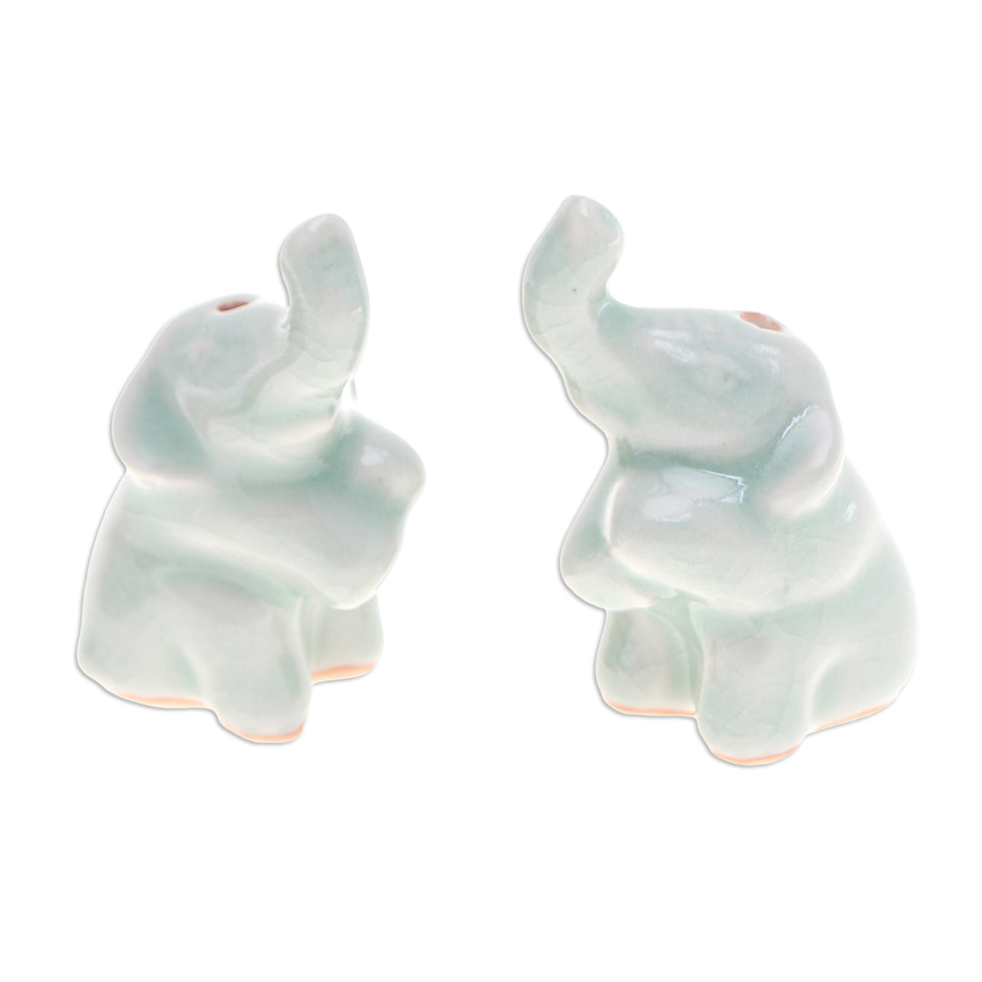 Pair of Elephant-Shaped Celadon Ceramic Incense Holders - Elephant Enchantment