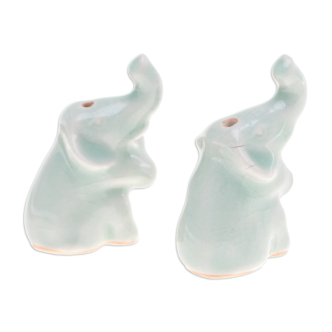 Pair of Elephant-Shaped Celadon Ceramic Incense Holders - Elephant Enchantment
